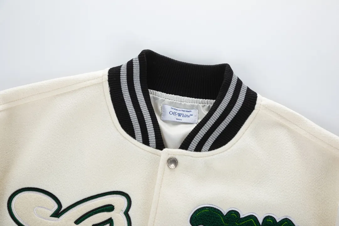 S60#P676, off white new autumn and winter heavy industry embroidered leather baseball jacket for couples Color: black beige Size: S M L XL